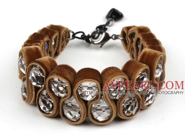 Fashion Style Clear Crystal and Coffee Color Velvet Ribbon Woven Bold Bracelet with Extendable Chain