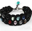 Fashion Style Multi Color Crystal ja Musta Velvet Ribbon Kudotut Bold Rannekoru Jatkettava Chain