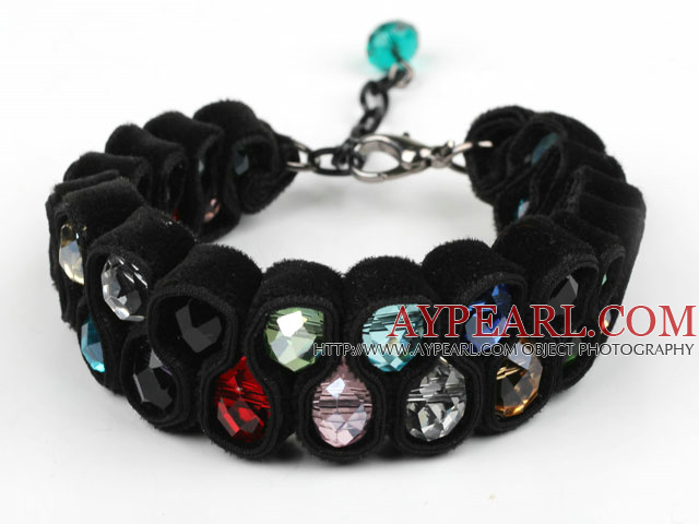 Fashion Style Multi Color Crystal and Black Velvet Ribbon Woven Bold Bracelet with Extendable Chain