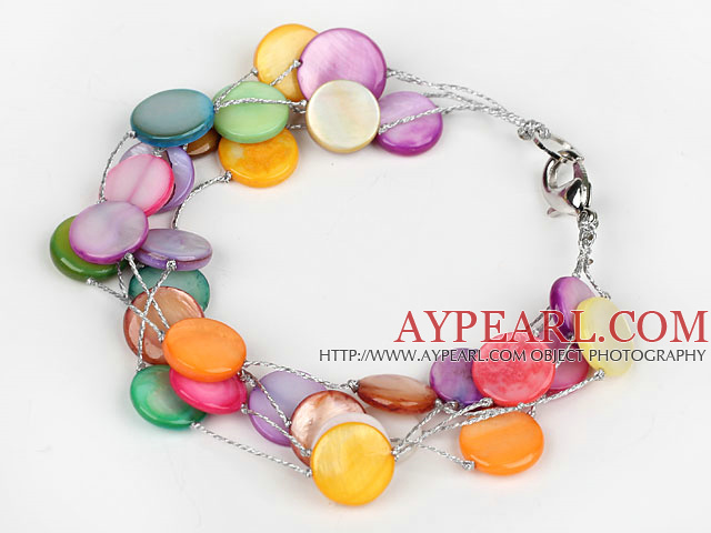 Multi Strand Assorted Multi Color Shell armbånd med Silver Color Wire