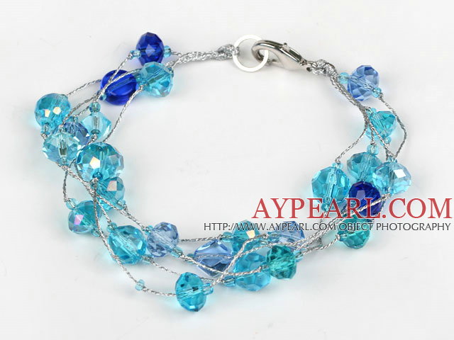 Multi Strand Viistetty sininen kristalli rannerengas Silver Color Wire