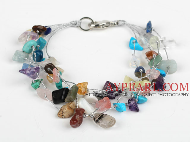 Multi Strand Assorted Multi Color Multi Stone Armbånd med Silver Color Wire