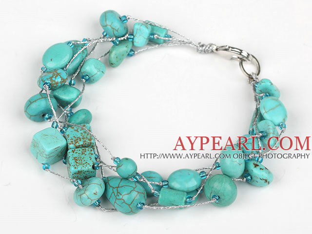 Multi Strand Assorted Turquoise Bracelet with Silver Color Wire