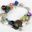 Multi Strand Assorted Multi Color Stone and Pearl Bracelet with Silver Color Wire