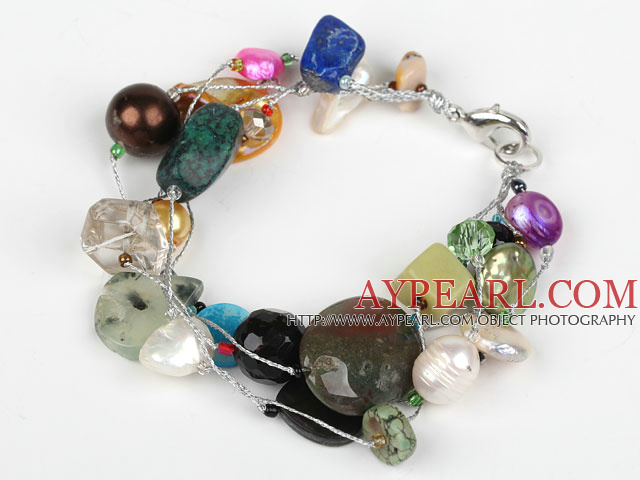 Multi Strand Assorted Multi Color Stone and Pearl Bracelet with Silver Color Wire