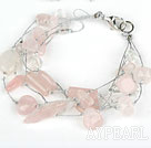 Multi Strand Pink Series Rose Quartz and Clear Crystal Bracelet with Silver Color Wire