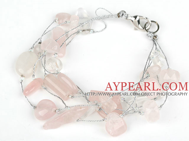 Multi Strand Pink Series Rose Quartz and Clear Crystal Bracelet with Silver Color Wire