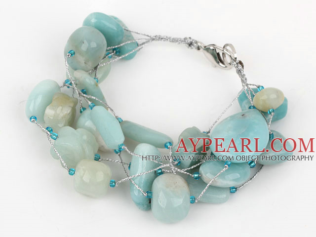 Multi Strand Amazon Stone Bracelet with Silver Color Wire
