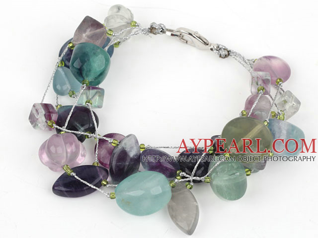 Multi Strand Rainbow Fluorite Bracelet with Silver Color Wire