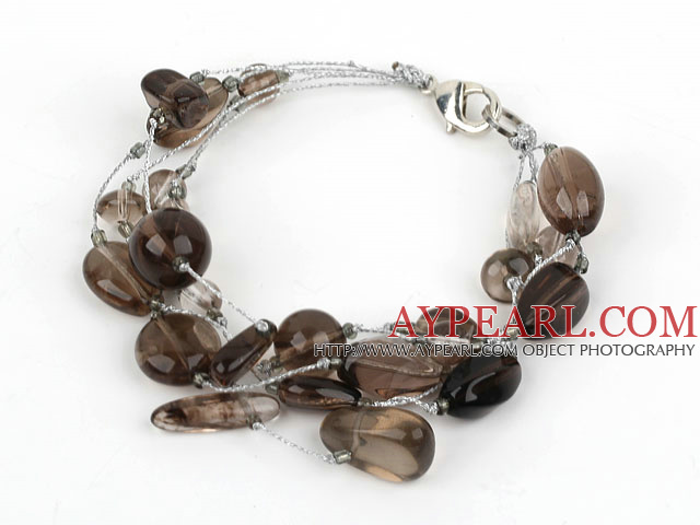 Multi Strand Smoky Quartz Bracelet with Silver Color Wire