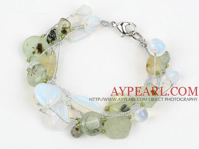 Multi Strand Prehnite and Opal Bracelet with Silver Color Wire