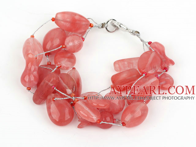 Multi Strand Cherry Quartz Bracelet with Silver Color Wire