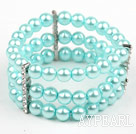 Multi Strands Lake Blue Shell Beads Stretch Bangle Bracelet with Rhinestone