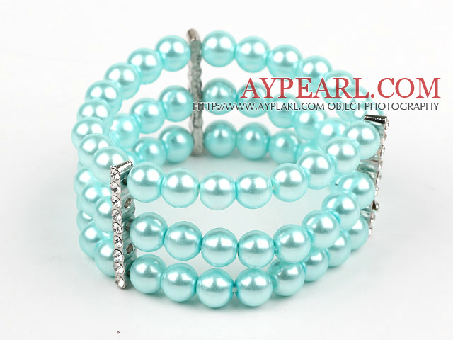 Multi Strands Lake Blue Shell Beads Stretch Bangle Bracelet with Rhinestone