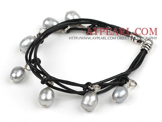 8-9mm bracelet gris perle d'eau douce avec cordon en cuir noir