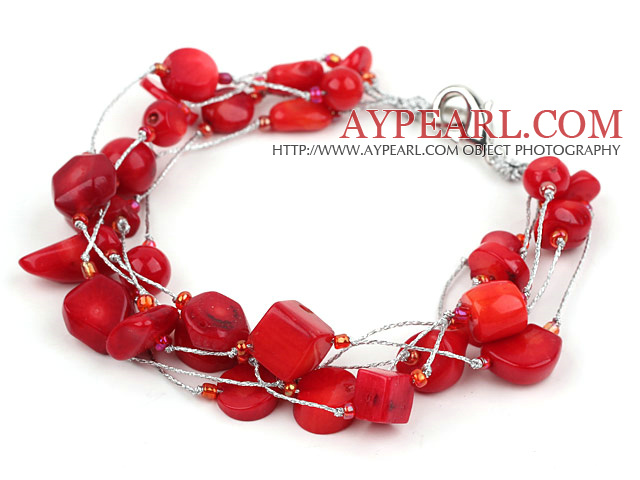 Multi Strands Assorted Red Coral Bracelet with Silver Color Wire
