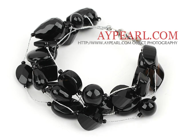 Multi Strands Assorted Black Agate Bracelet with Silver Color Wire