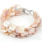 Three Strands Square Shape Pink Rebirth Pearl Bracelet with Heart Shape Clasp