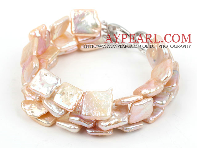 Three Strands Square Shape Pink Rebirth Pearl Bracelet with Heart Shape Clasp