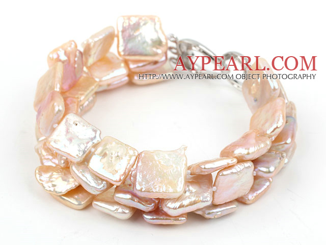 Kolme Strands Square Shape Pink Rebirth Pearl Rannekoru sydämen muotoon Risti