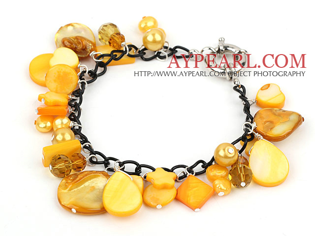 Dyed Yellow Pearl Crystal and Shell Bracelet with Metal Chain