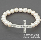 Natural White Freshwater Pearl Sideway/Side Way Cross Stretch Bracelet