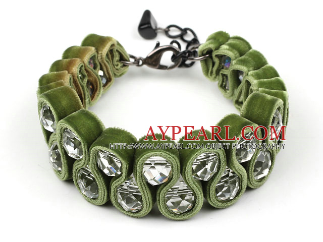 Mote Stil Clear Crystal og Olive Green Velvet Ribbon Woven Fet armbånd med uttrekkbare kjeden