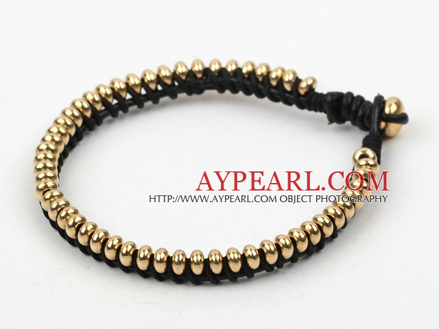 Fashion Style Yellow Copper Beads Hand-Knotted Black Leather Bracelet