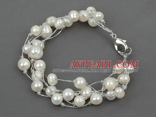 Multi Strands Hvit Ferskvann Pearl med Silver Color Wire
