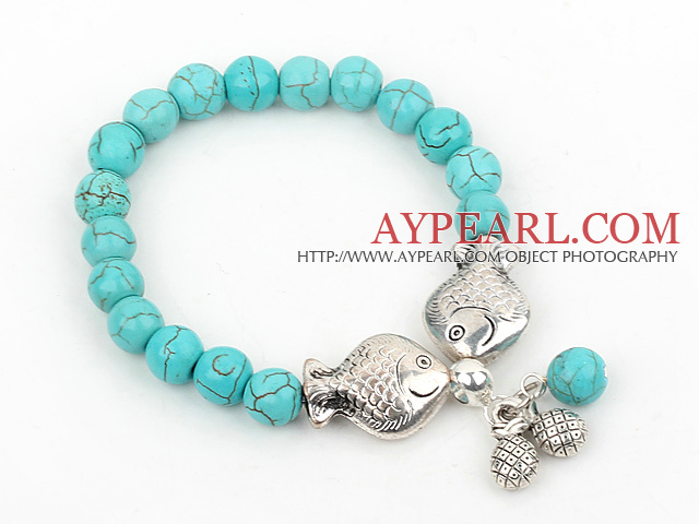 Simple Design Round Turquoise Beaded Stretch Bracelet with Double Fish Accessories