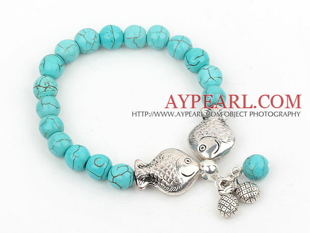 Enkel design Round Turquoise Beaded Stretch armbånd med Double Fish Tilbehør