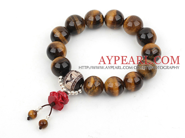 14mm Round Tiger Eye Beaded Stretch Bønn / rosenkrans armbånd med sterling sølv perler