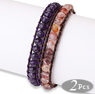 Trendy Simple Design 2 pcs Single Strand Roung Natural Crystal Beads Leather bracelet