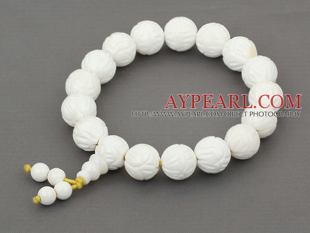 12mm Round Carved Lotus White Sea Shell Beaded Stretch Prayer / Rosary Bracelet