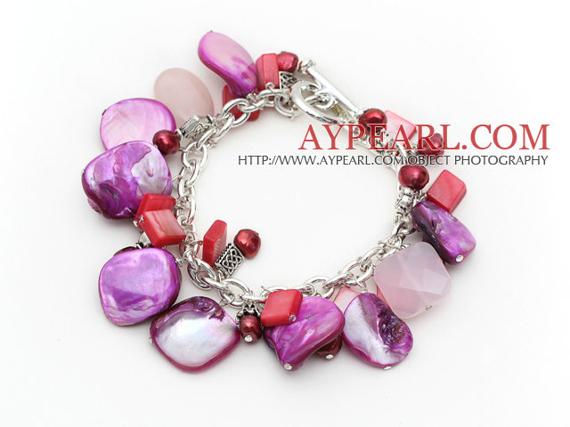 Assorted Purple Freshwater Pearl and Rose Quartz and Purple Shell Bracelet with Metal Chain