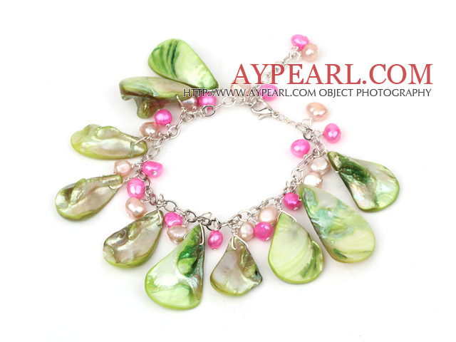 Assorted Green Drop Shape Shell and Pink Pearl Bracelet with Metal Chain