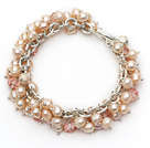 Fashion Style Natural Pink Freshwater Pearl and Pink Crystal Bracelet with Metal Chain