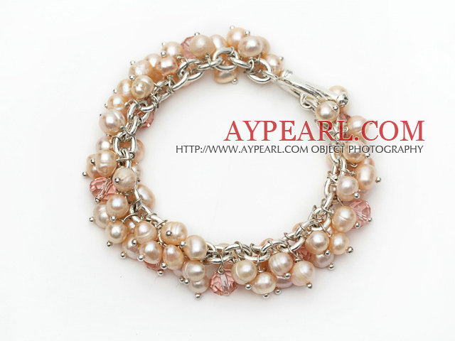 Mote Stil Natural Pink Ferskvann Pearl og rosa krystall armbånd med Metal Chain