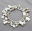 Assorted Natural White Freshwater Pearl and White Shell Bracelet with Metal Chain