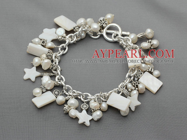 Assorted Natural White Freshwater Pearl and White Shell Bracelet with Metal Chain