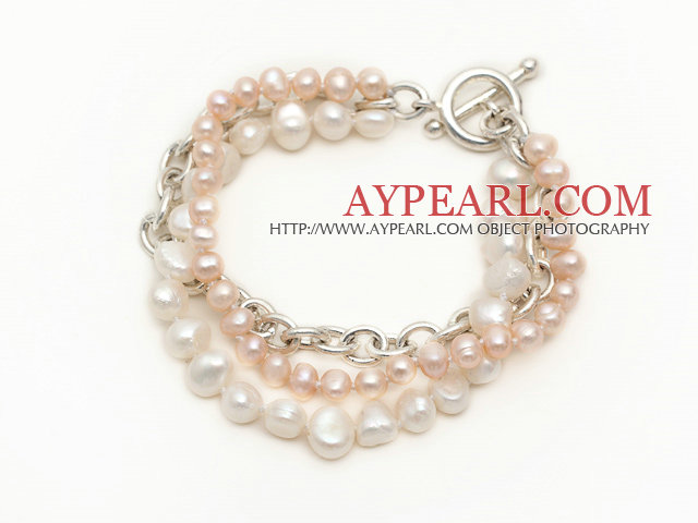 Mote Stil Multi Strand Natural hvit og rosa Freshwater Pearl armbånd med Metal Chain