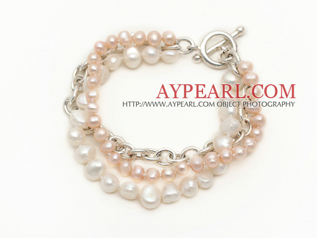 Fashion Style Multi Strand Natural White and Pink Süßwasser-Zuchtperlen Armband mit Metall-Kette