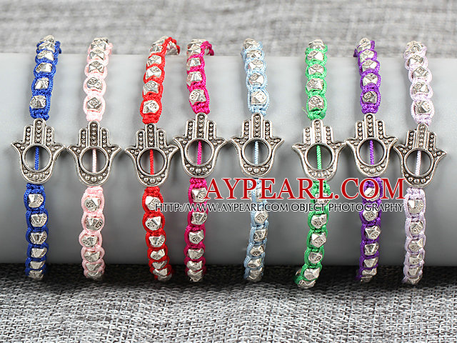 8 PCS Hipanema Nickel Free Alloyed Hand of Angel Charm Multi Color Thread Hand-Knitted Bracelet (Random Color)