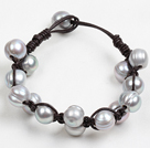 Popular Style 10-11Mm Natural Grey Freshwater Pearl Black Leather Bracelet