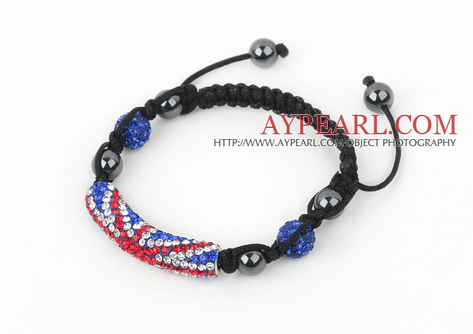 Mote Stil Red White and Blue Rhinestone Tube og Tungsten Steel Stone Snøring armbånd