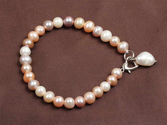 Simple Elegant Style 7-8Mm Natural White Pink Purple Freshwater Pearl Elastic/ Stretch Bracelet With Pearl Charm