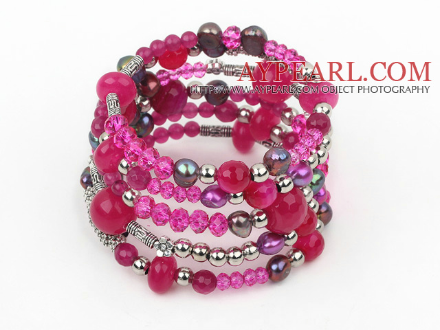 2013 Spring Design Hot Pink Series Pearl Crystal og Pink Agate Wrap Bangle Bracelet