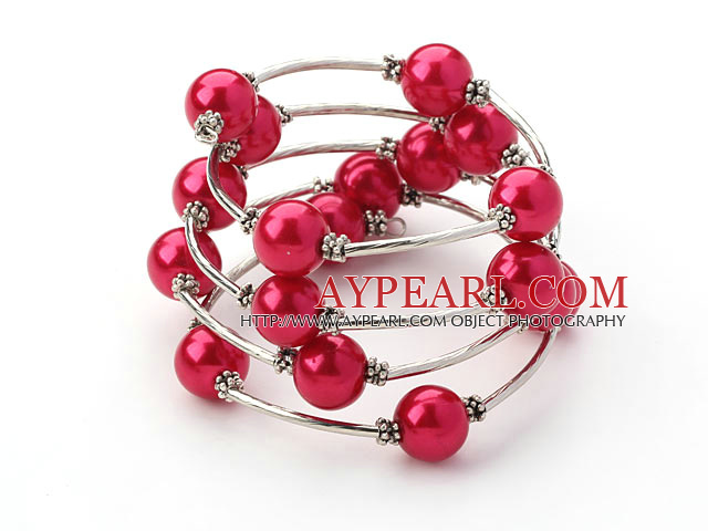 Fashion Peach Red Style Round Seashell τυλίξτε βραχιόλι βαρύ