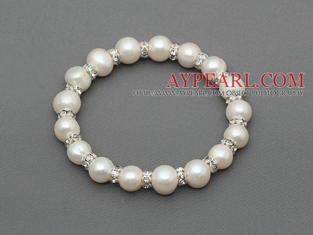 Classic Design Round Natural White Freshwater Pearl and Rhinestone Ring Stretch Bangle Bracelet