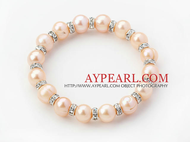 Classic Design Round Natural Pink Freshwater Pearl and Rhinestone Ring Stretch Bangle Bracelet